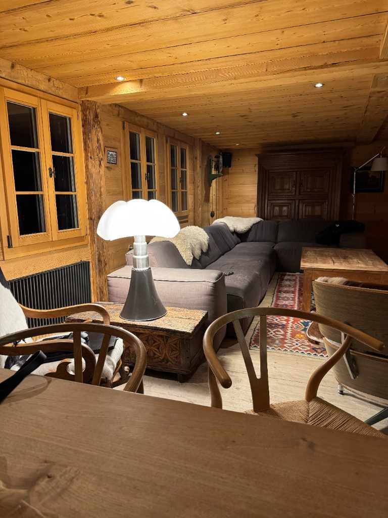 Chalet Amalia living room — warm wood interior with designer furnishings